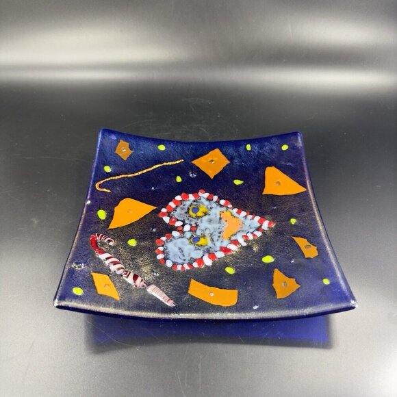 Hand Made Dichroic Fused Art Glass Square Dish Plate Christmas Decorated Vintage - Picture 14 of 15